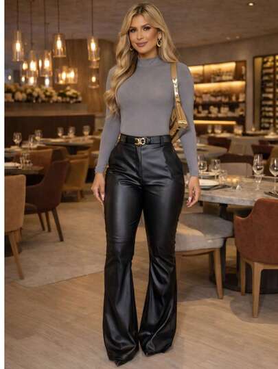 Calça de couro flare cintura alta com bolso, rodeio , inverno, estilosa Couro PU inverno Noite Feriado Casamento Férias Escritório Casa in