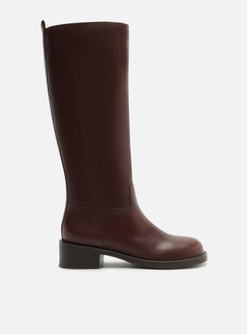 Bota Marrom Couro Cano Longo Salto Bloco