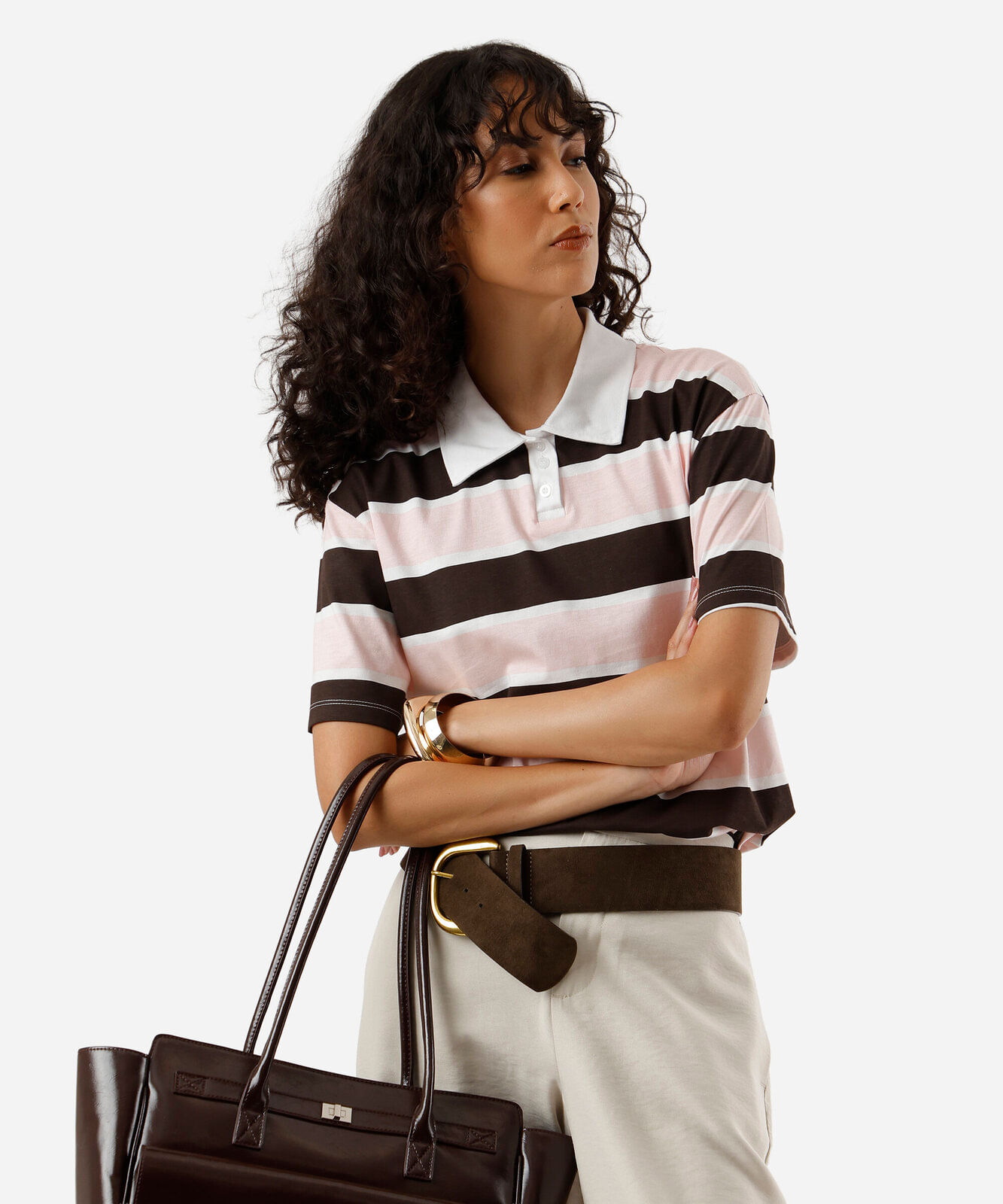 polo feminina de algodão listrada rosa