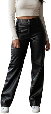 Calça Couro Fake Feminina Pantalona Wide Leg Cintura Alta