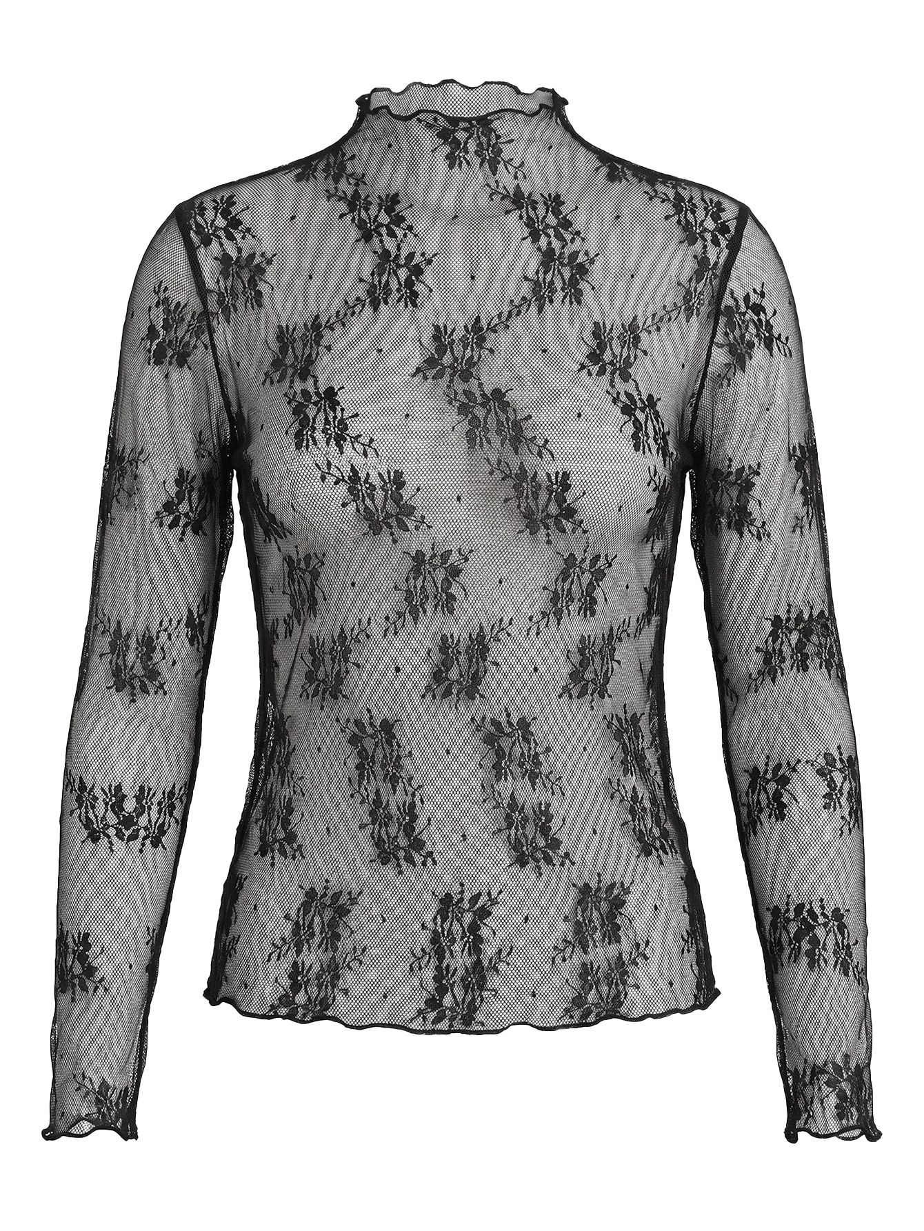 Camisa Térmica Feminina de Manga Longa com Gola Alta de Renda e Tela Transparente