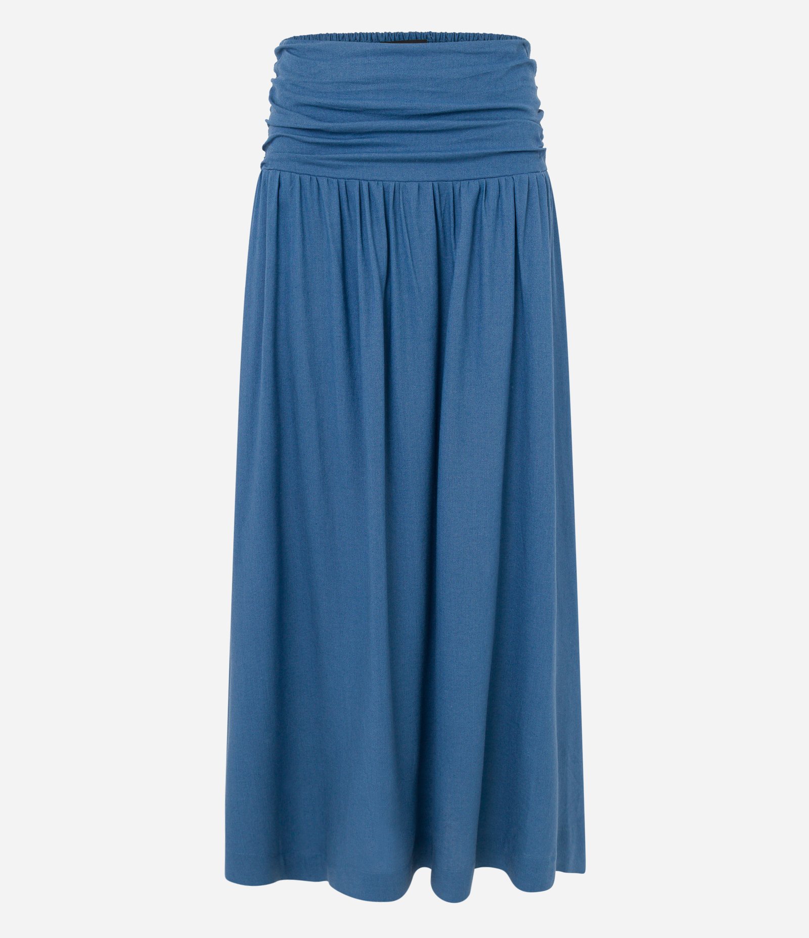 Saia New Midi em Viscose com Linho e Pregas Laterais Azul