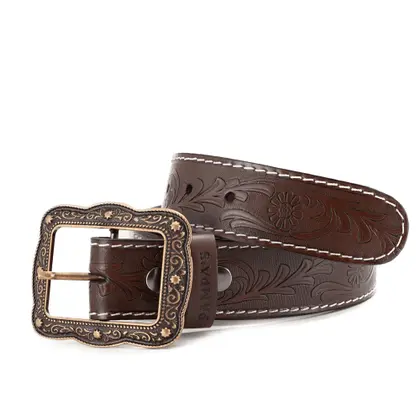 Cinto Country Feminino De Couro Com Flor Fivela Envelhecida - Pampas Country