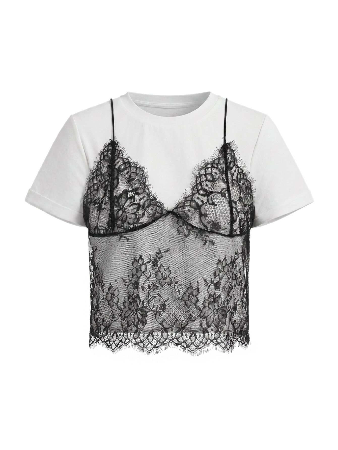 Camiseta de manga curta branca com gola redonda e detalhe em renda (2 em 1) para o verão