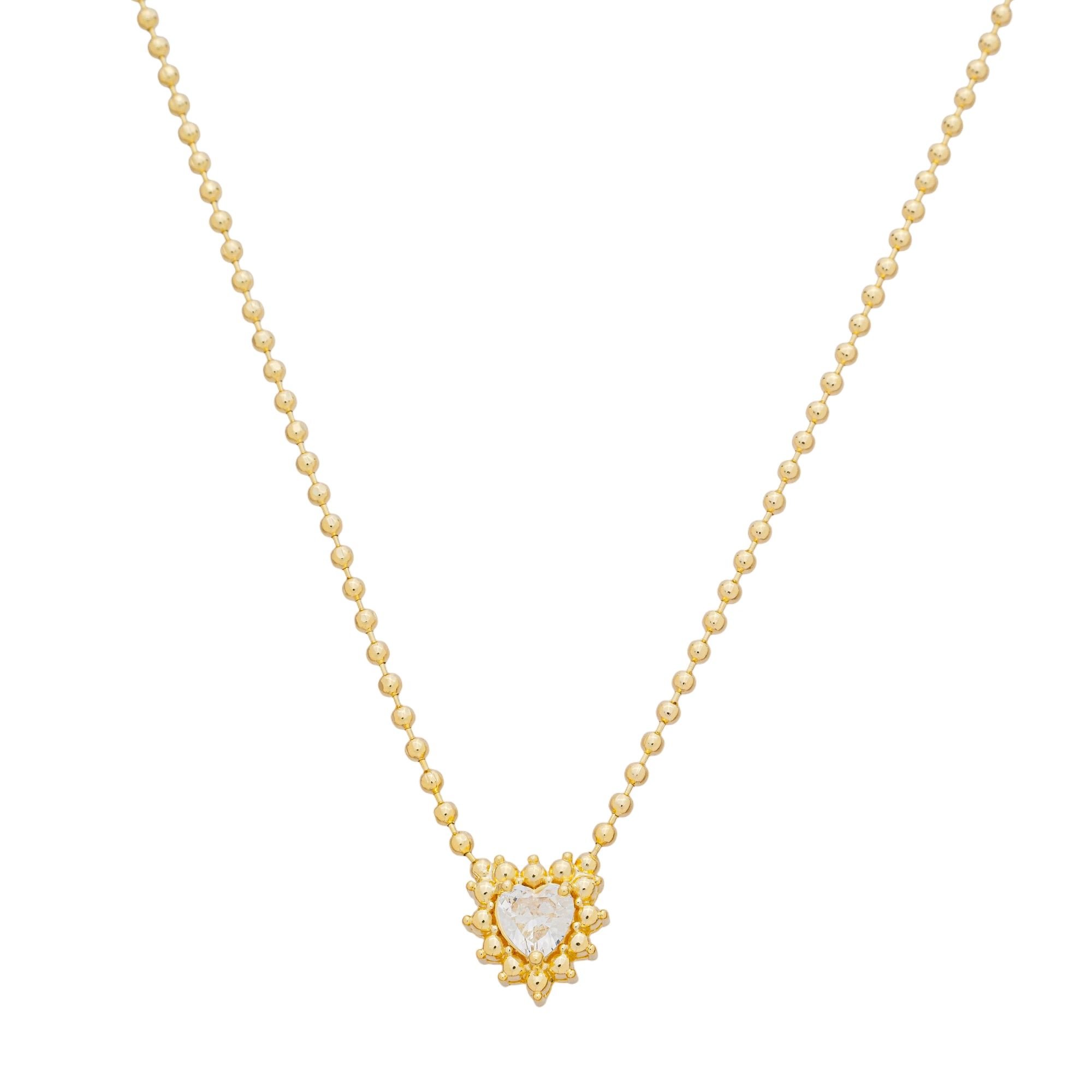 Colar Folheado a Ouro 18k Corrente Bolinha Zircônia Coração Dourado