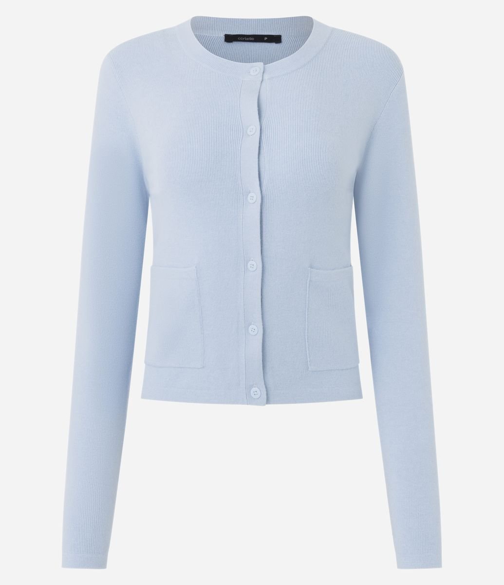 Cardigan em Tricô com Bolsos Frontais Azul