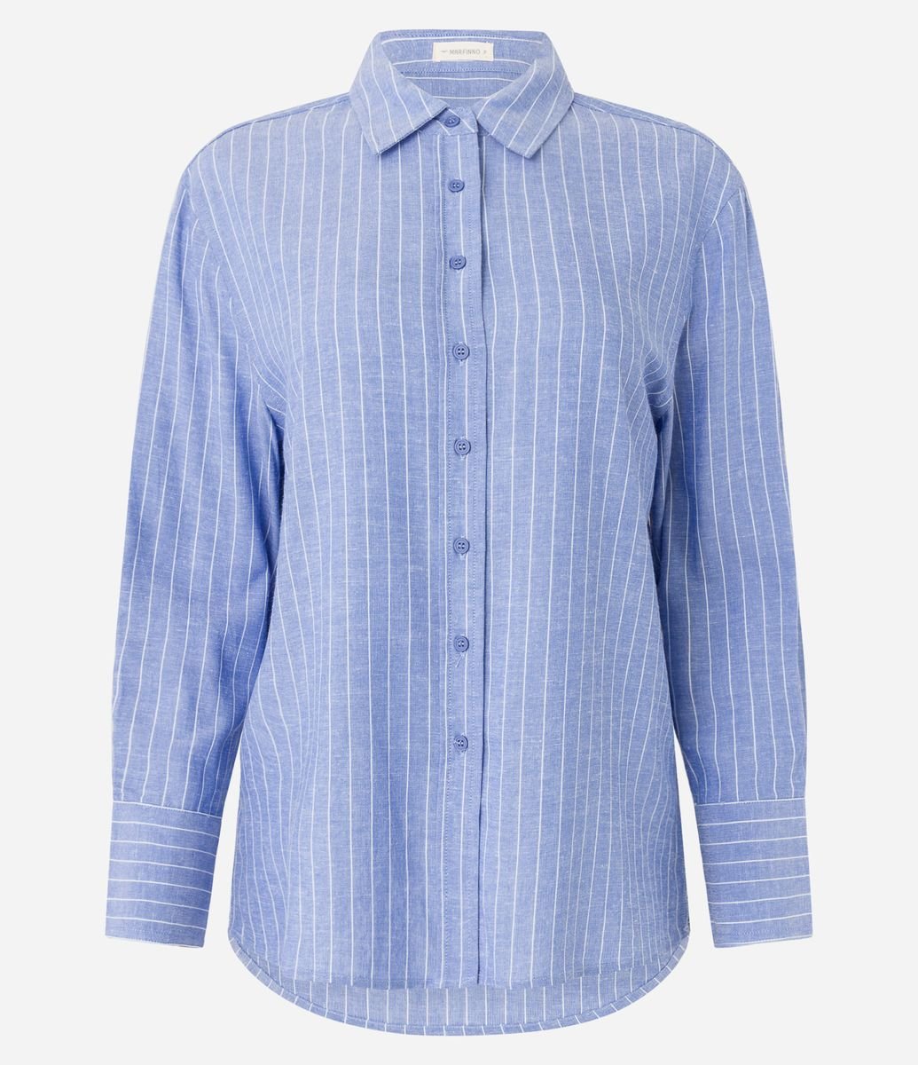 Camisa Listrada em Viscolinho com Fio Tinto Azul