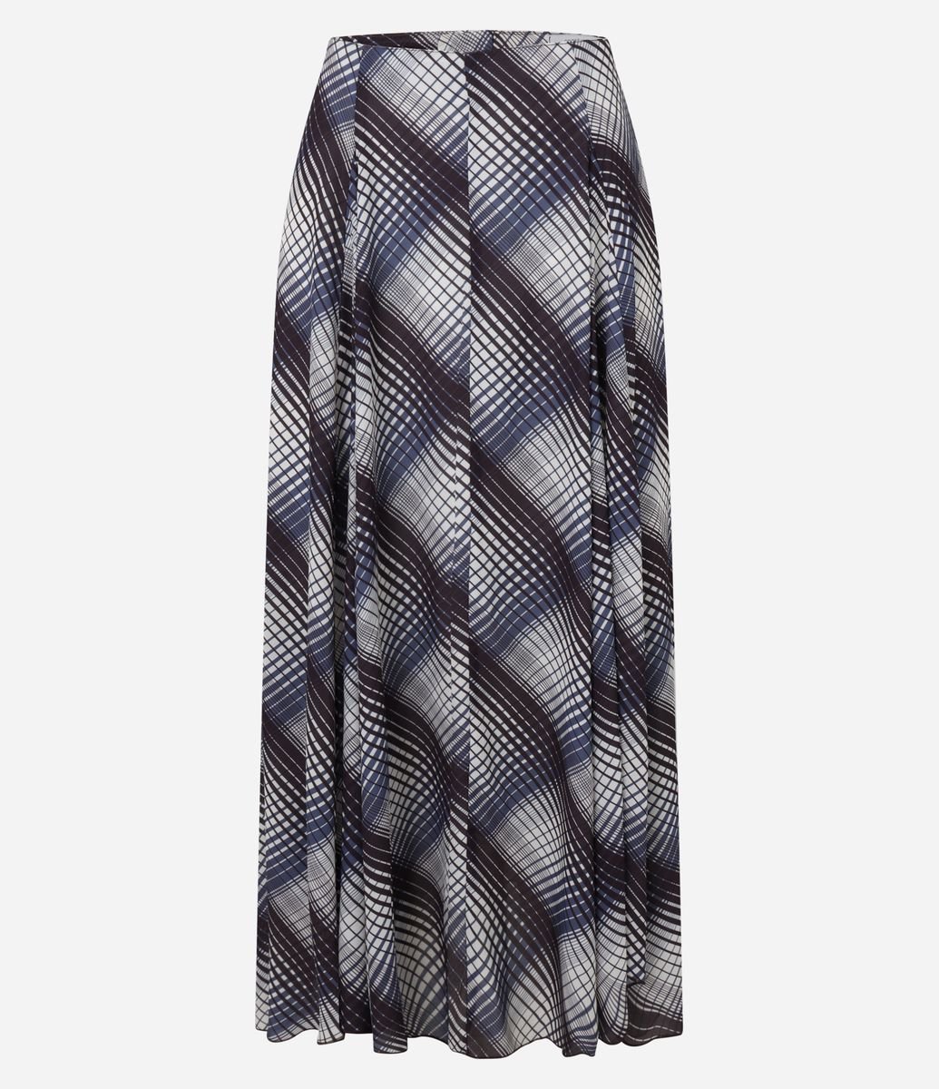 Saia Longa em Chiffon Xadrez com Efeito Degradê e Pregas Azul/Bege
