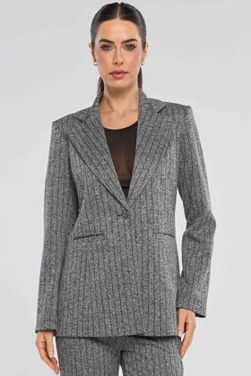 Blazer PKS Alfaiataria Risca de Giz Cinza e Preto
