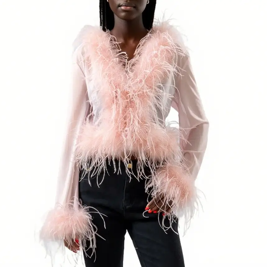 Roupa transparente com gola e punhos de penas de avestruz verdadeiras, top sexy, jaqueta cropped para balada, top bolero 240711 - AliExpress 200000345