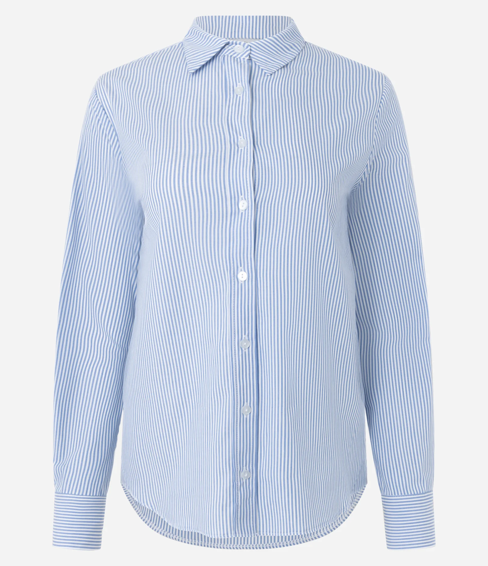 Camisa em Tricoline com Abotoamento e Estampa de Listras em Fio Tinto Azul/ Branco
