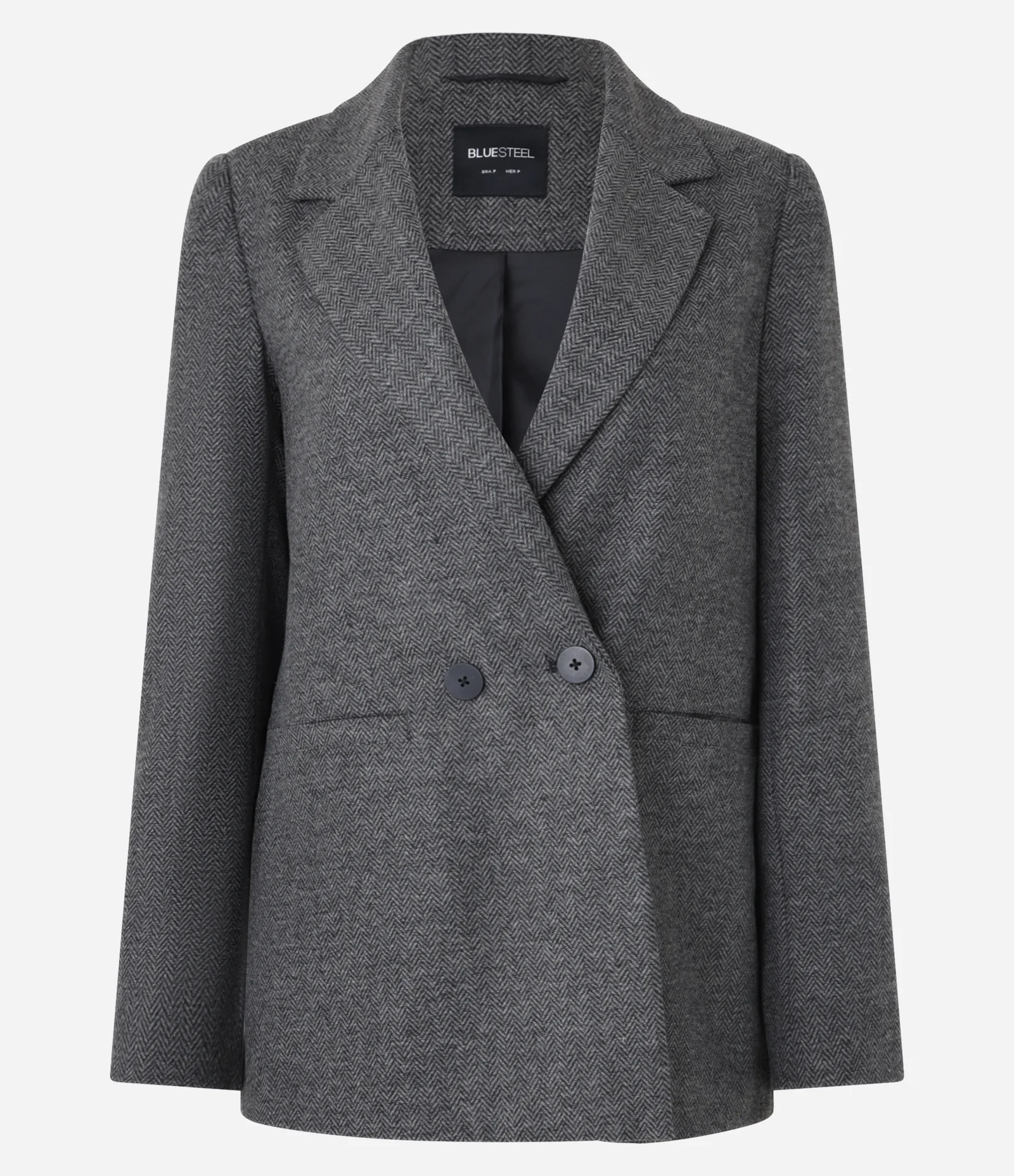 Blazer Alongado em Polivelour Xadrez com Botões Cinza