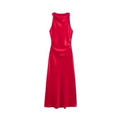 Vestido Midi Elegante De Cetim Sem Mangas Com Decote Drapeado Para Mulheres, Estilo Vintage Chique - ETJ