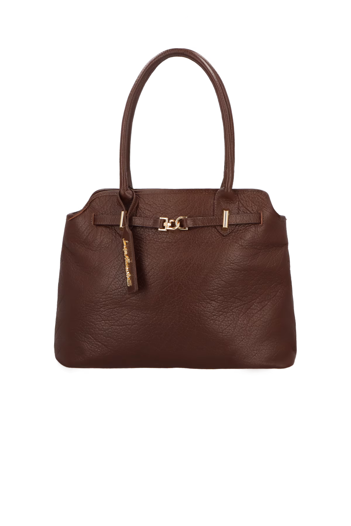 BOLSA MÉDIA EM COURO CAFÉ COM ALÇA DUPLA E DETALHE DOURADO