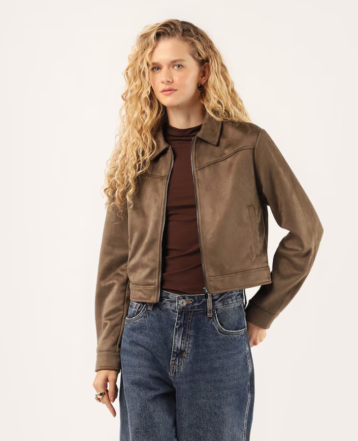 Jaqueta feminina em suede com zíper - marrom