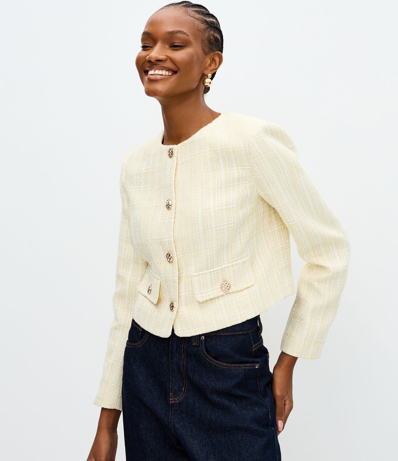Jaqueta Leve Casaqueto em Tweed com Quatro Bolsos Amarelo