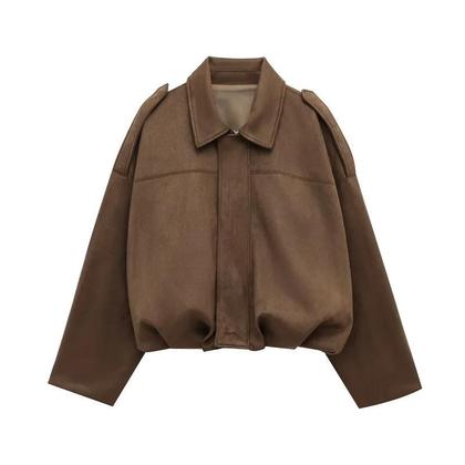 Jaqueta Bomber Feminina Oversized De Camurça Acolchoada Estilo Colegial Streetwear Com Zíper MUJER