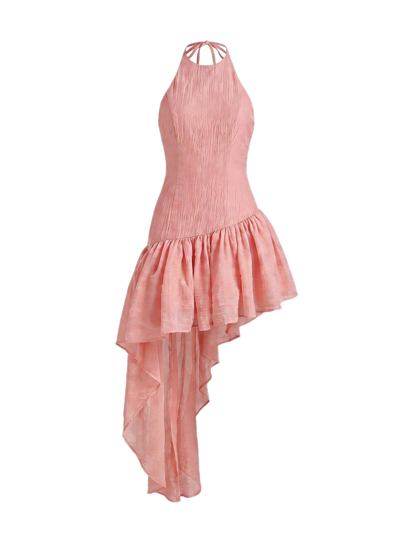 Vestido Longo Assimétrico com Babados no Decote Halter 