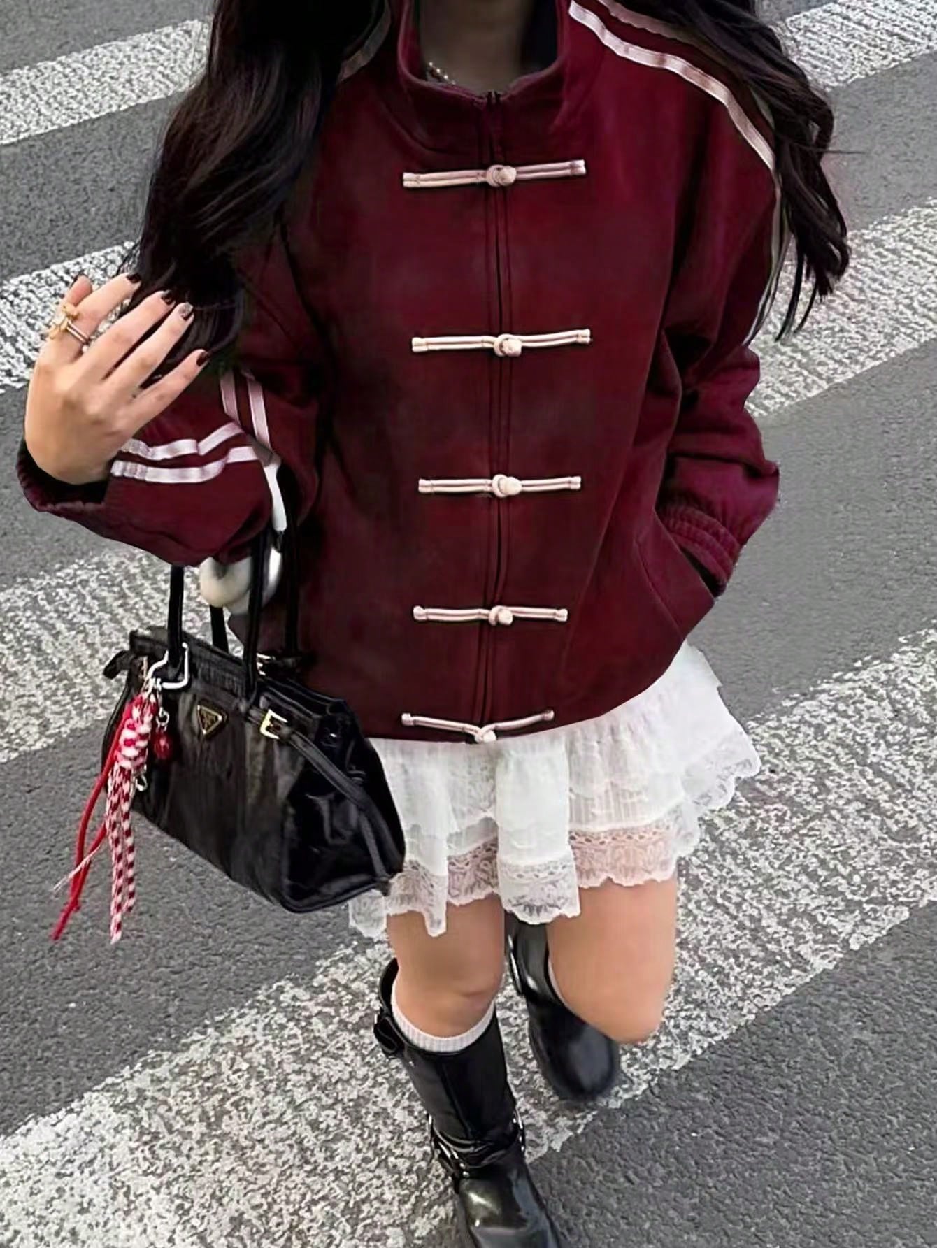 SAOYANGYU Jaqueta Casual Feminina com Listras Laterais e Gola Mandarim, Outono/Inverno Primavera