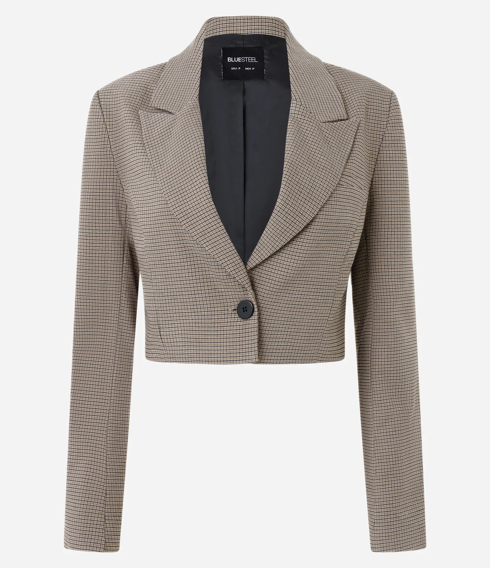 Blazer Cropped Alfaiatado com Estampa Xadrez Marrom