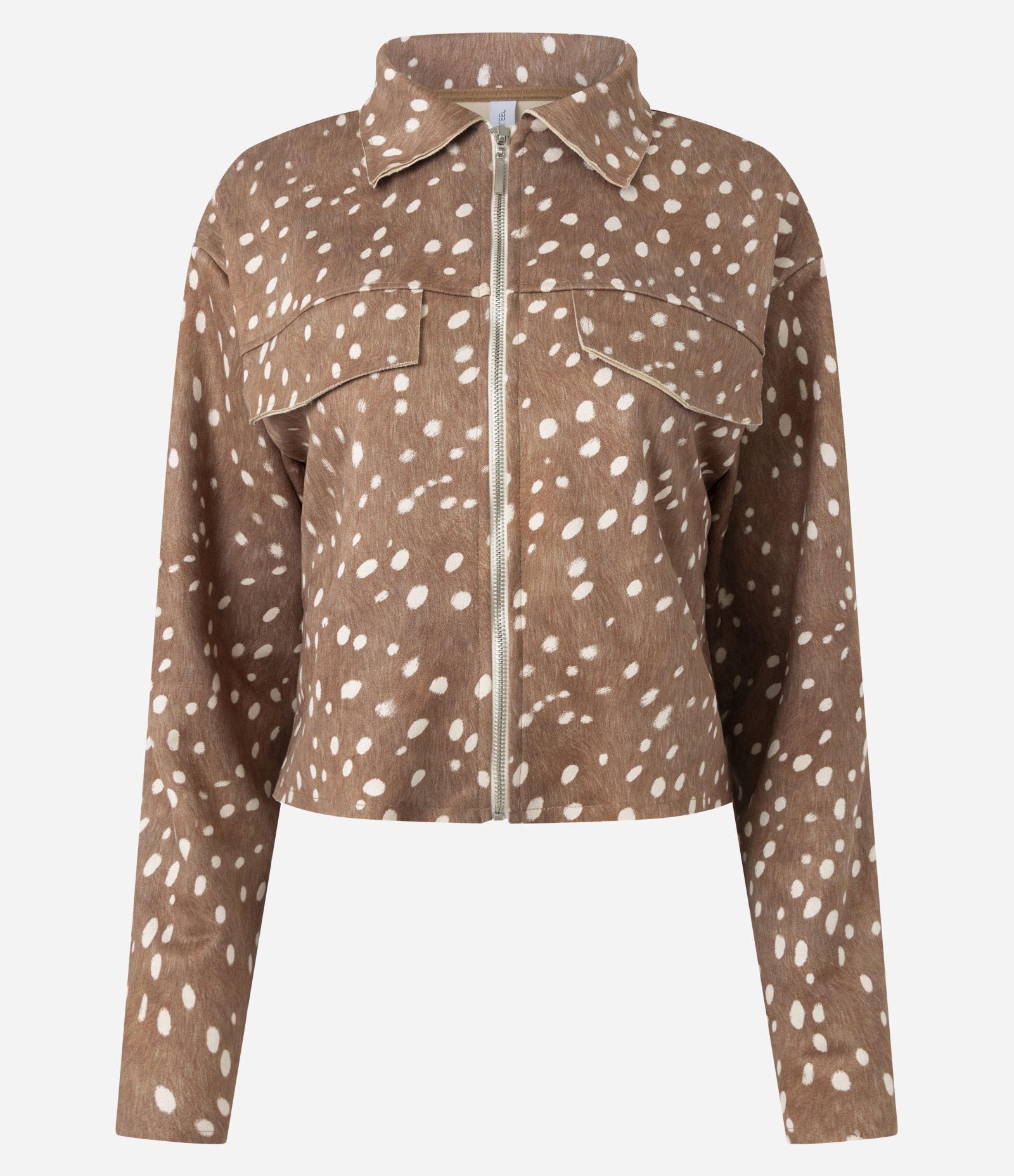 Jaqueta Suede Animal Print Bambi com Zíper Marrom