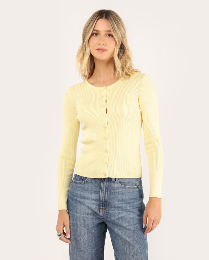 Cardigan feminino tricot canelado - Amarelo