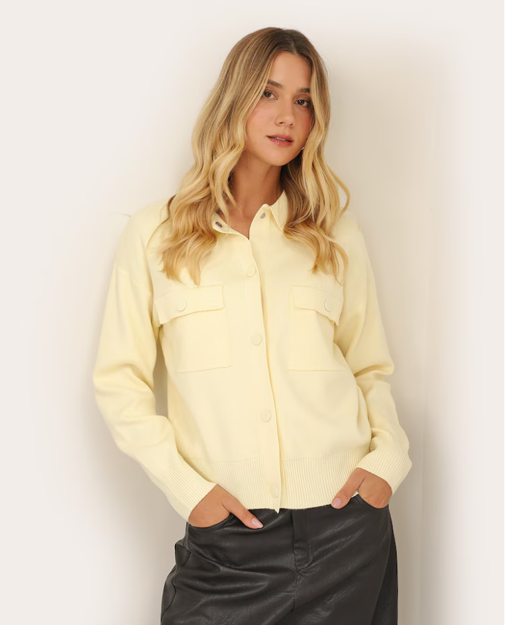 Jaqueta feminina em tricot gola polo - vinho - Amarelo Claro