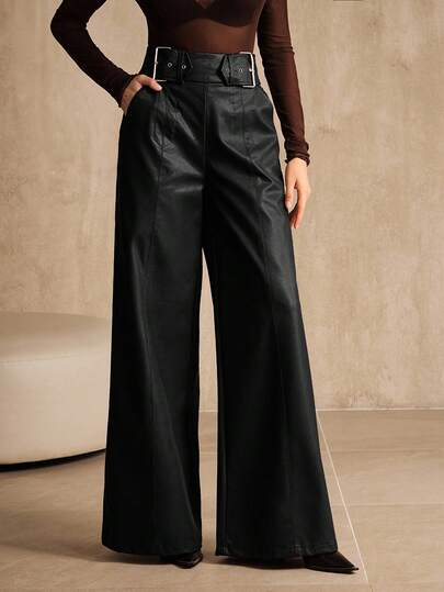 Calça de Couro PU de Cintura Alta e Perna Larga para Mulheres Anewsta, Preta, Estilo Casual de Negócios Novo, Adequada para Halloween, Primavera