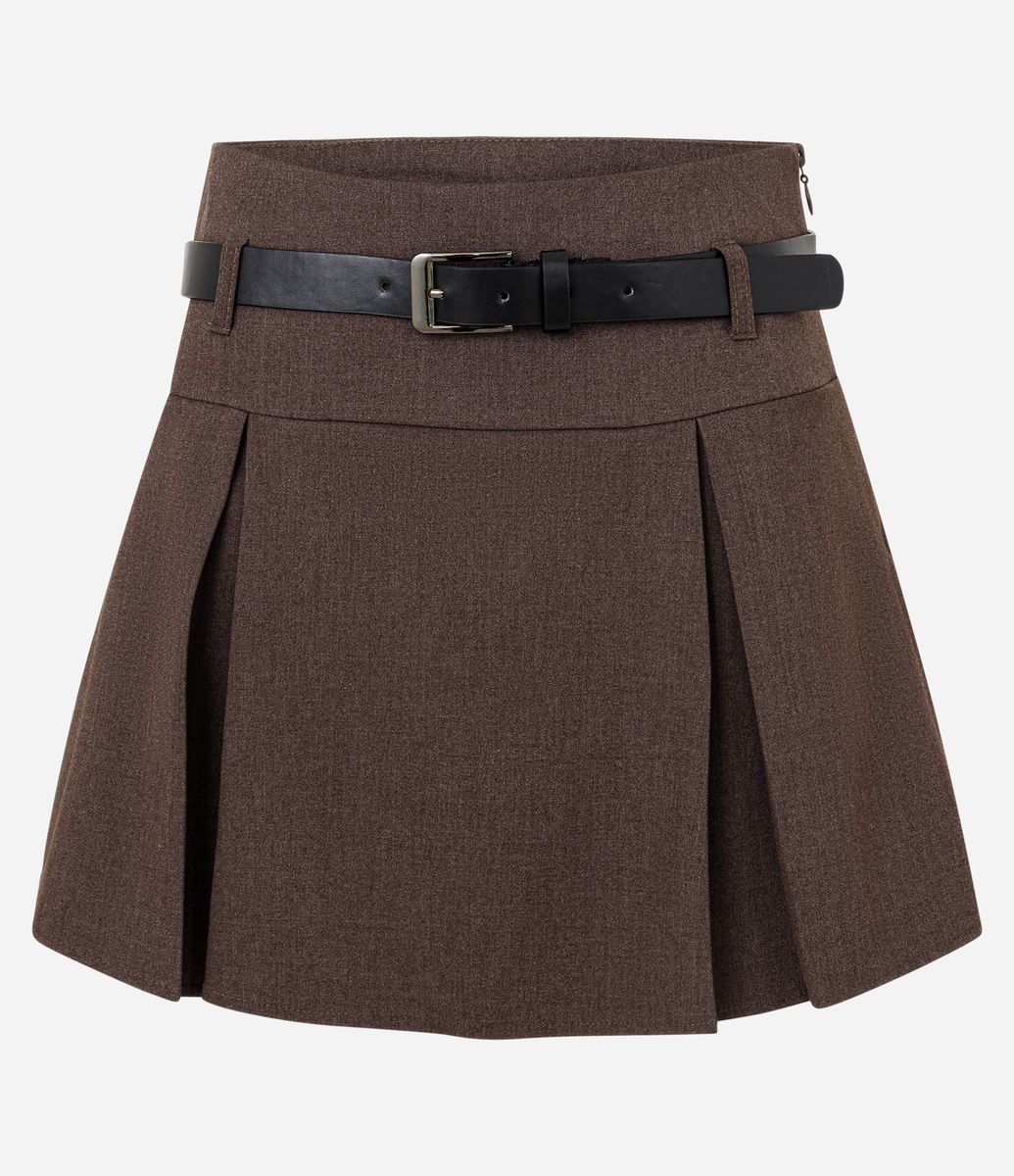 Short Saia Alfaiatado com Cinto e Plissado Marrom