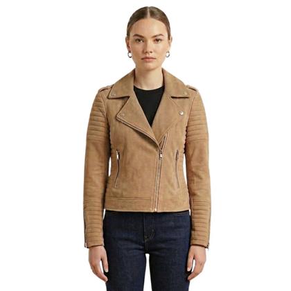 Jaqueta Feminina Biker em Suede Peluciada Cor:Bege EscuroTamanho:M - FMF