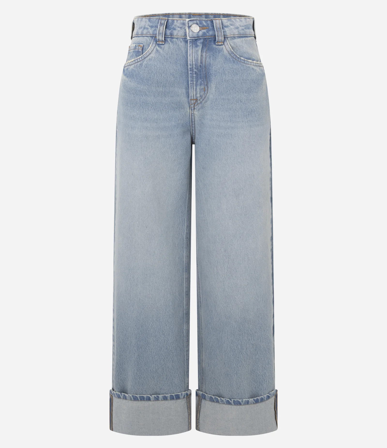 Calça Wide em Jeans com Barra Dobrada e Cintura Alta Azul Claro