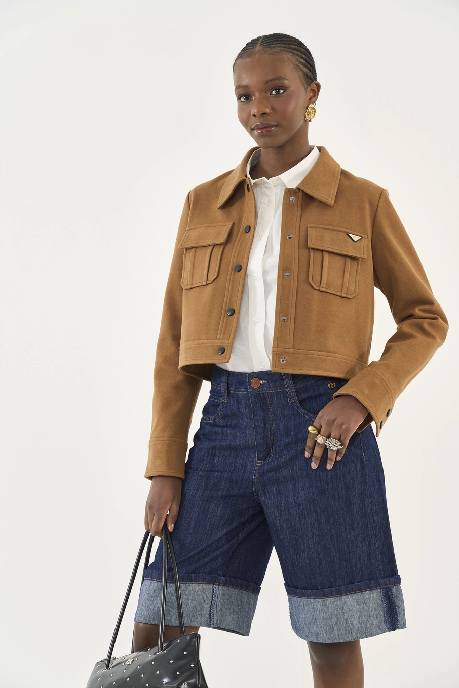 Jaqueta Reta Em Suede Com Bolsos Utilitários