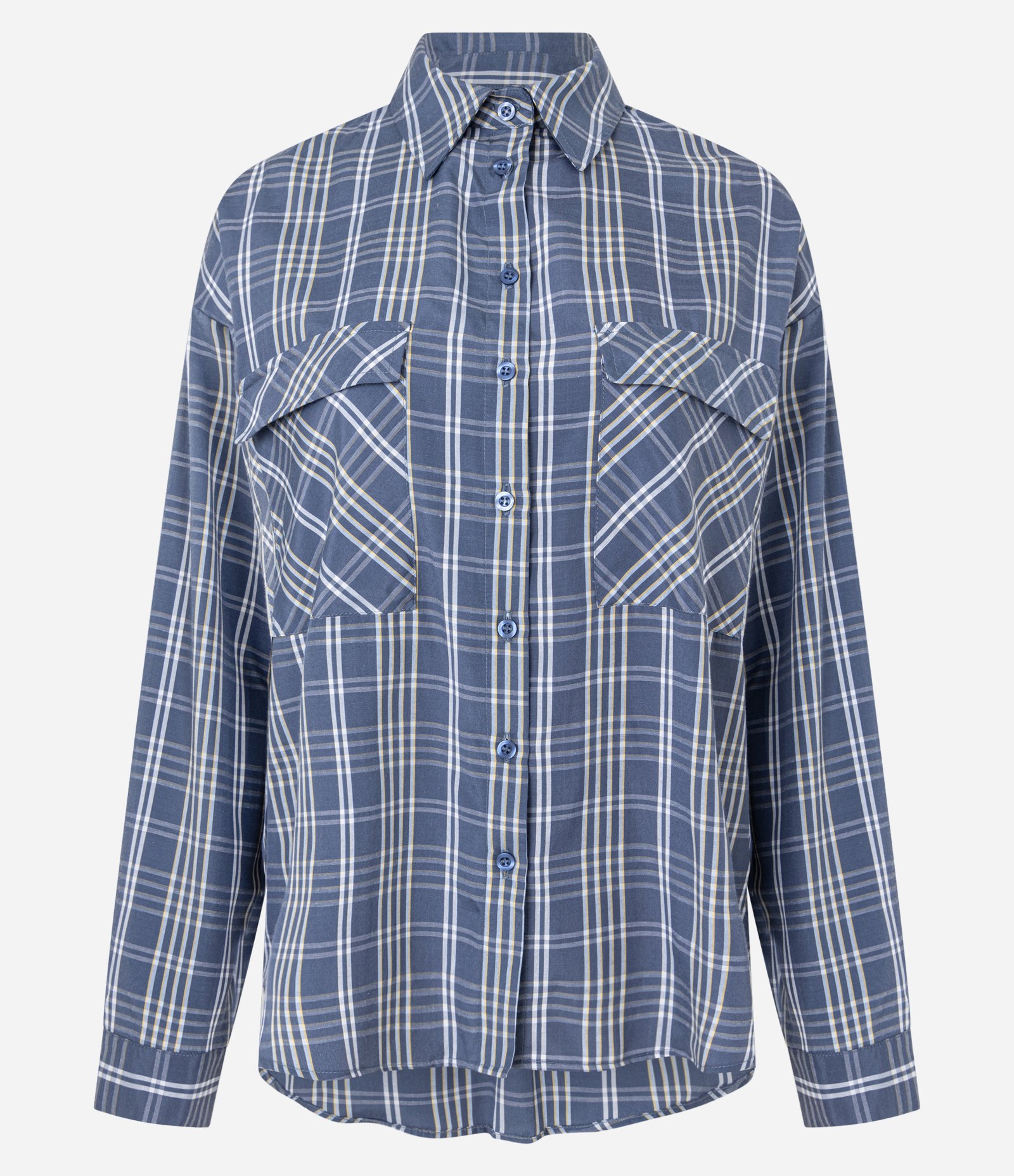 Camisa Alfaiatada com Estampa Xadrez Bolsos e Recortes Azul