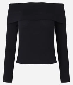 Blusa Ombro a Ombro em Viscose com Decote Virado Preto