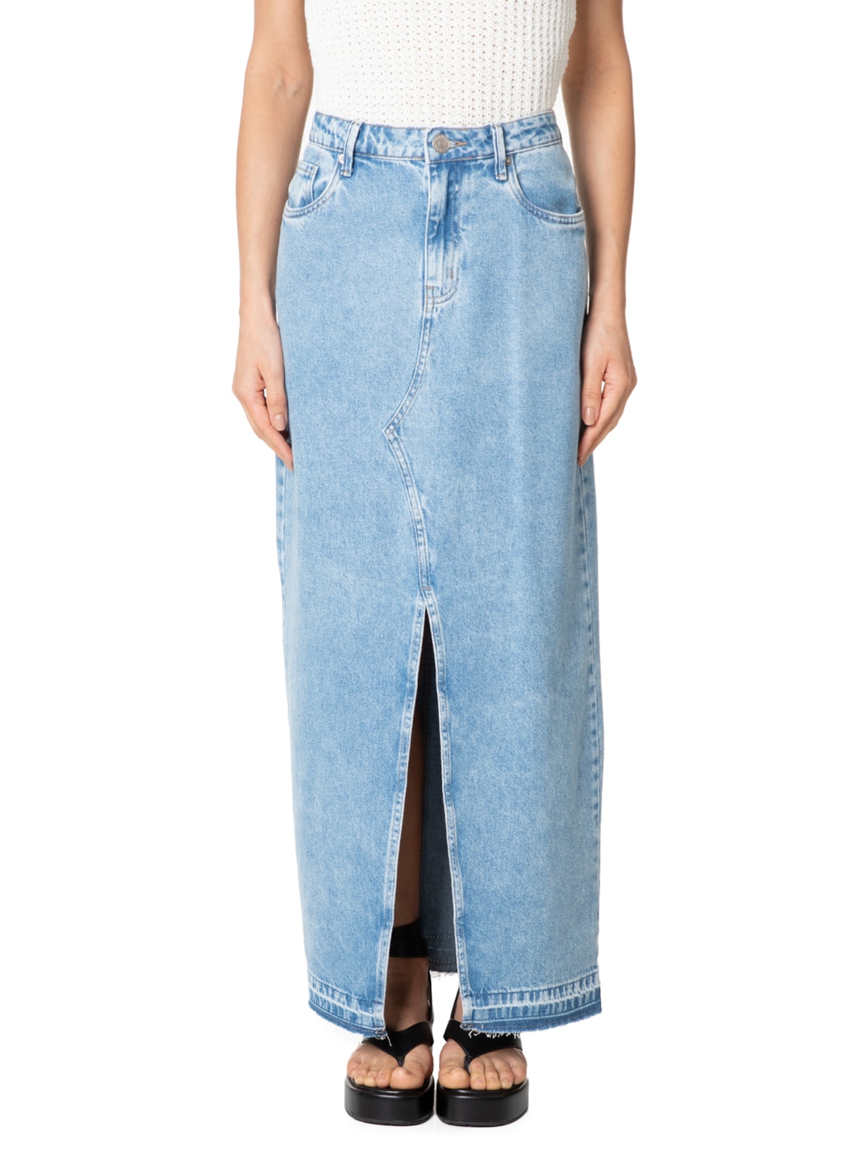 Saia Jeans Longa Com Fenda Frontal - Azul