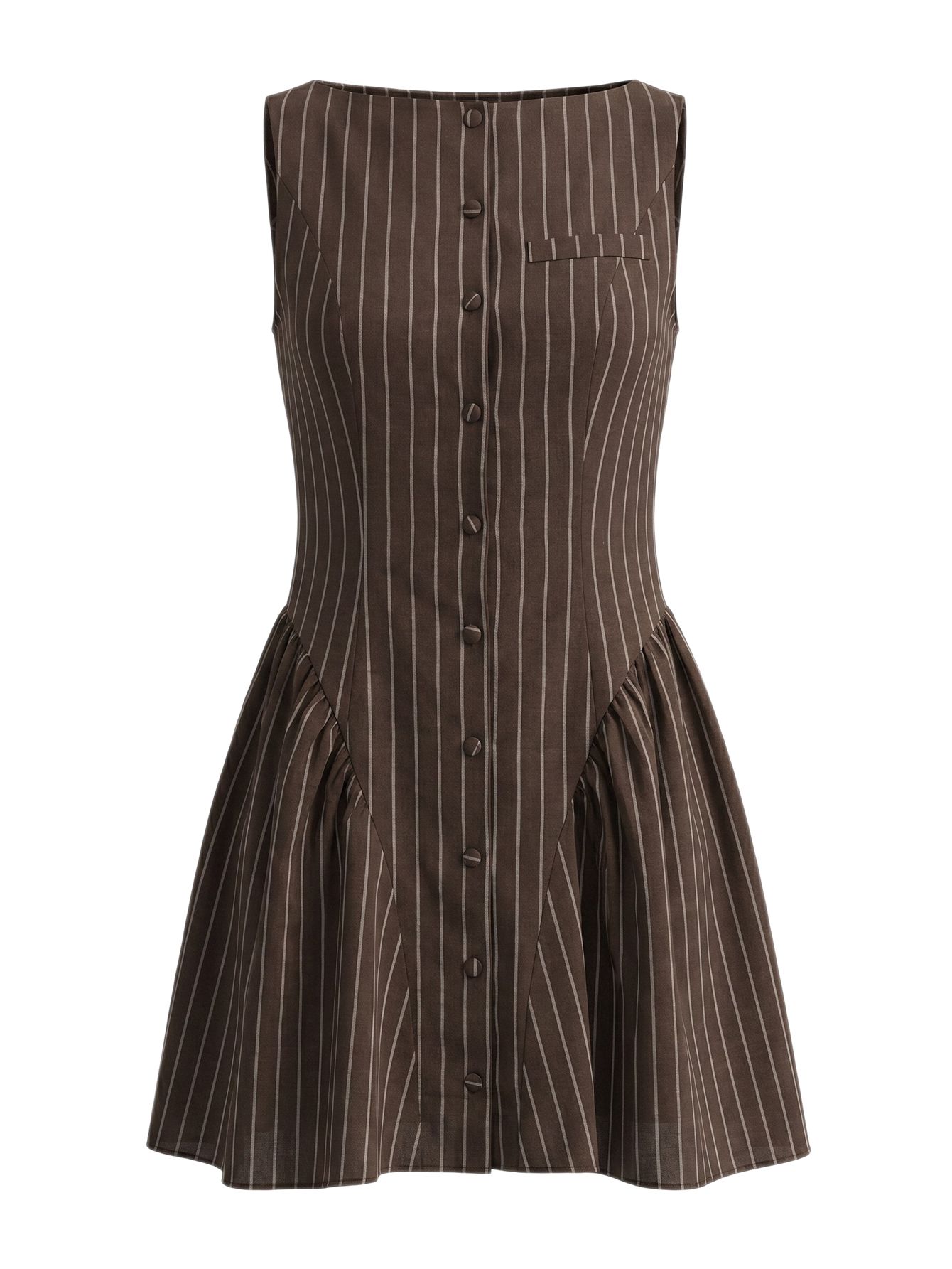 Vestido Curto Sem Mangas com Babado na Barra e Botões Listrados Marrons