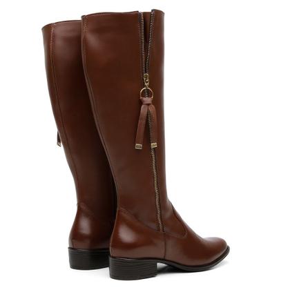 Bota Montaria Couro Feminino Cano Alto Zíper Lateral Moda Inverno Elegante Salto Baixo - KRN SHOES