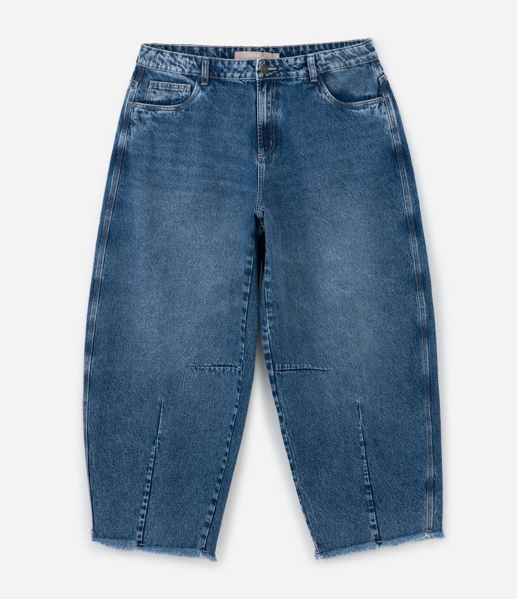 Calça Jeans Barrel com Barra Desfiada Curve & Plus Size Azul