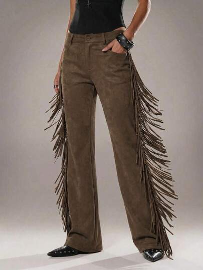 TRNVIE Calça Flare Casual de Estilo Cowgirl Ocidental Feminina com Bolsos, Calça Longa Marrom de Camurça Falsa com Franjas Laterais, Adequada para Festas, Reuniões e Uso Diário