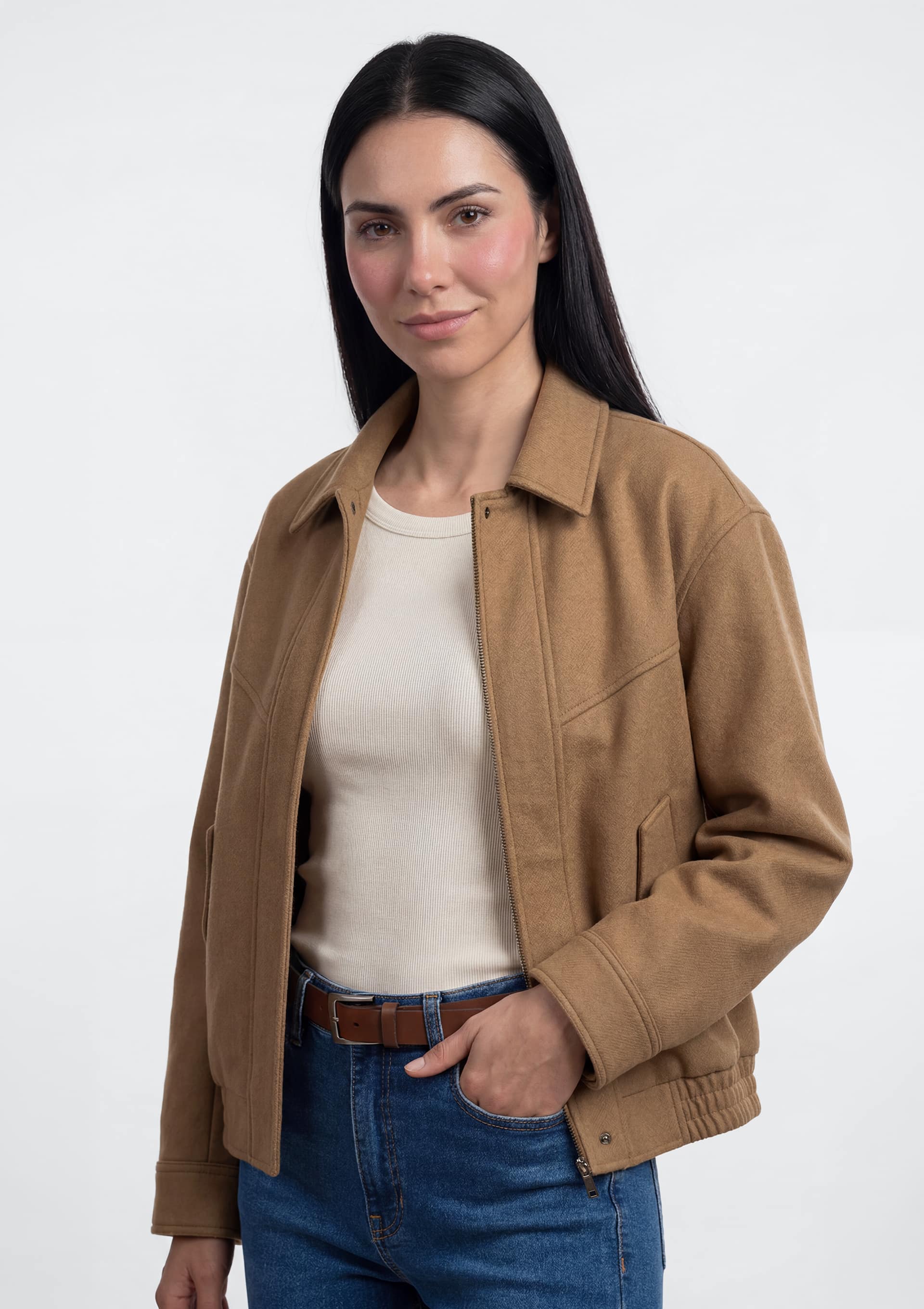 Jaqueta Feminina Bomber Em Suede - Bege