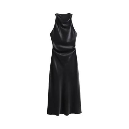 Vestido Midi Elegante De Cetim Sem Mangas Com Decote Drapeado Para Mulheres, Estilo Vintage Chique - ETJ