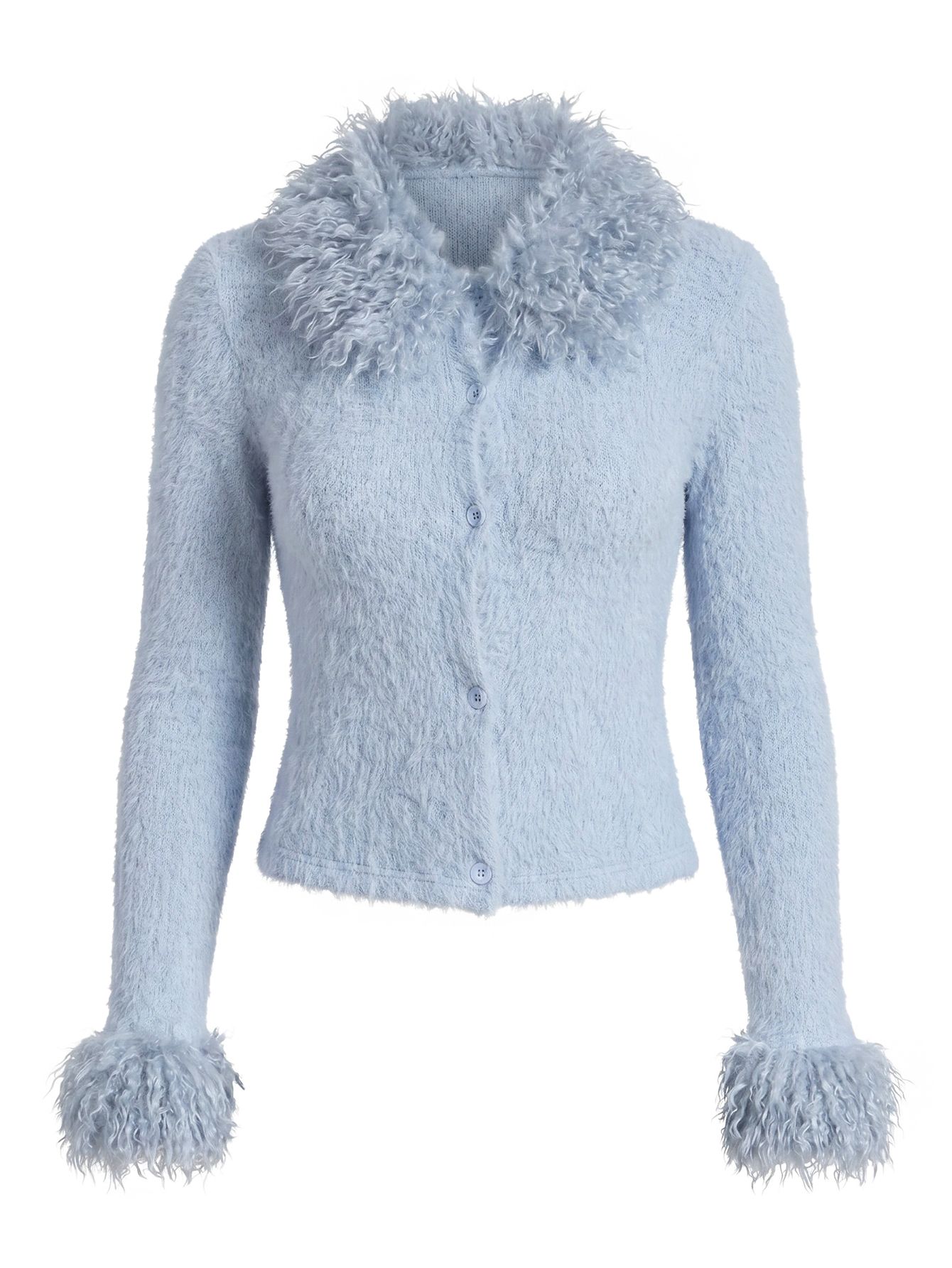 Cardigan de Tricô Novo Feminino, Ajustado com Gola de Pele