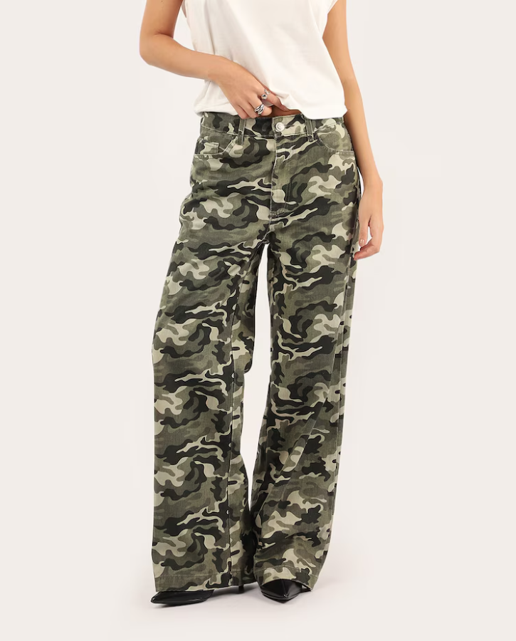 Calça sarja feminina wide loose camuflada - verde | Pool Jeans
