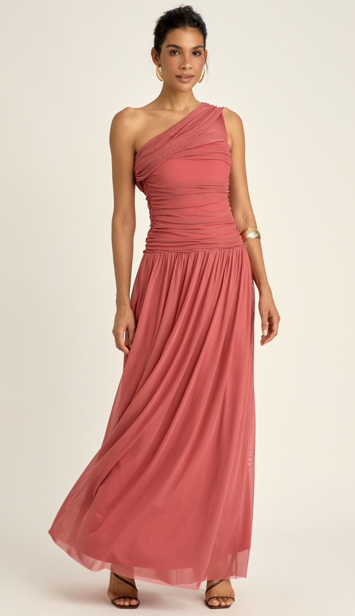 Vestido Festa Longo Tule Drapeado Nataly Marsala | Laguna