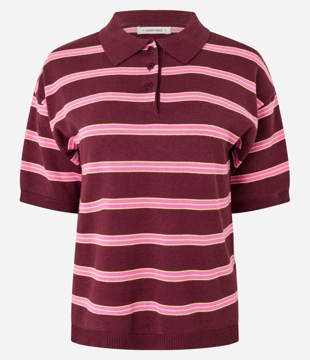 Blusa em Tricô com Gola Polo e Listars Horizontais Bordô/Rosa