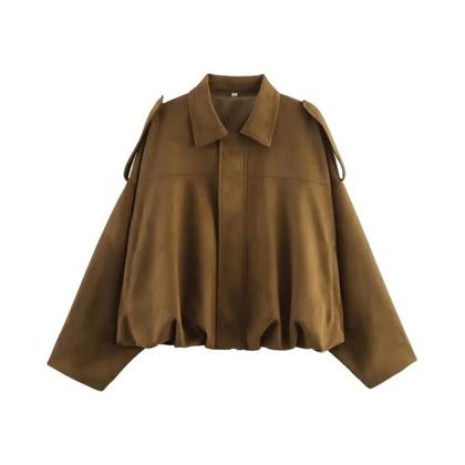 Jaqueta Bomber Feminina De Camurça Manga Longa Com Zíper E Gola Lapela Cropped Estilo Racing High - HXAO