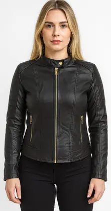 Jaqueta de Couro Feminina Elegante Marrom Preto Corte Slim Fit De - MANGOM
